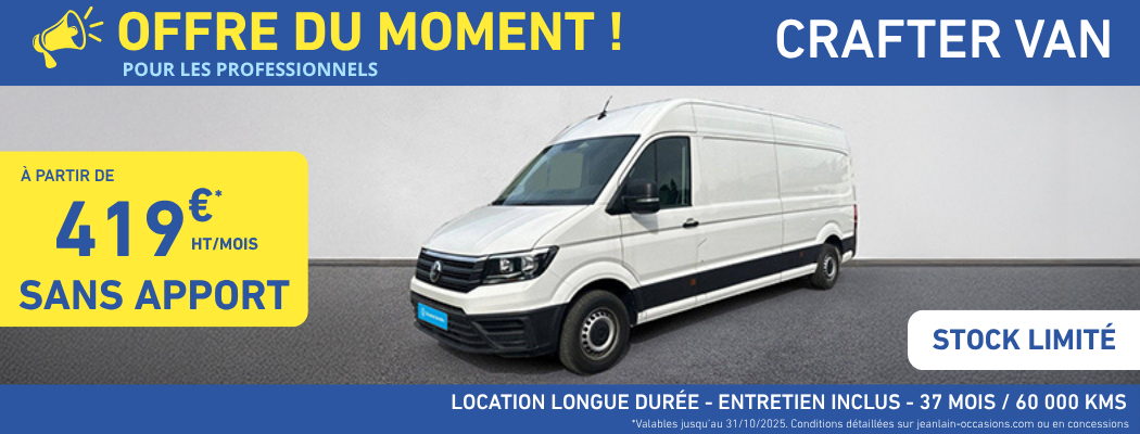 Actualité Jean Lain Occasions labélisée «Volkswagen Crafter, l'allié des pros à partir de 419€ HT /mois* – Sans Apport» du 30 sept. 2025
